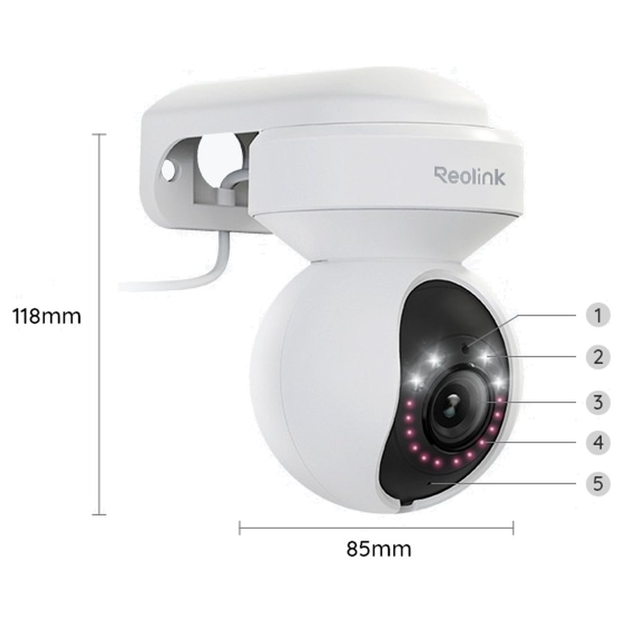 Reolink E1 Outdoor sivulta ja mitat