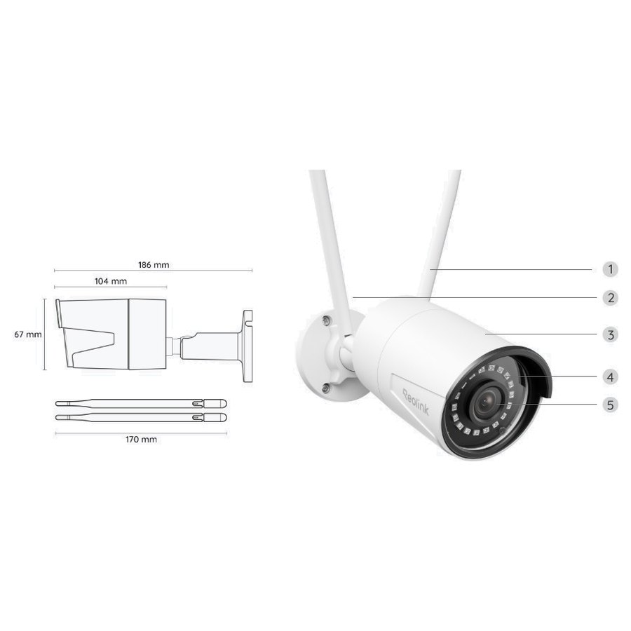 Reolink RLC-510WA edestä ja mitat