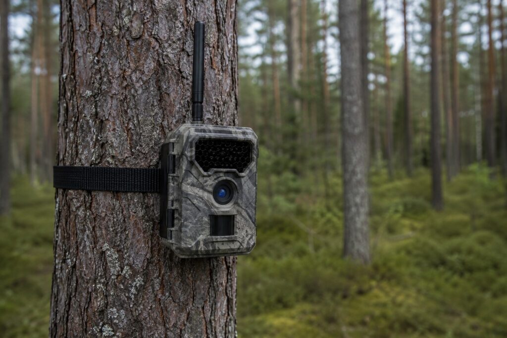 4G-riistakamera ulkoisella antennilla männyn rungossa metsässä