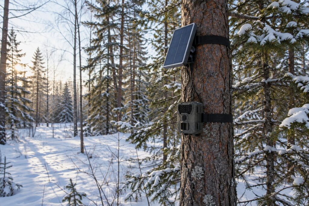 Pieni aurinkopaneeli jyrkässä kulmassa puunrungossa riistakameran yläpuolella, luminen talvimetsä