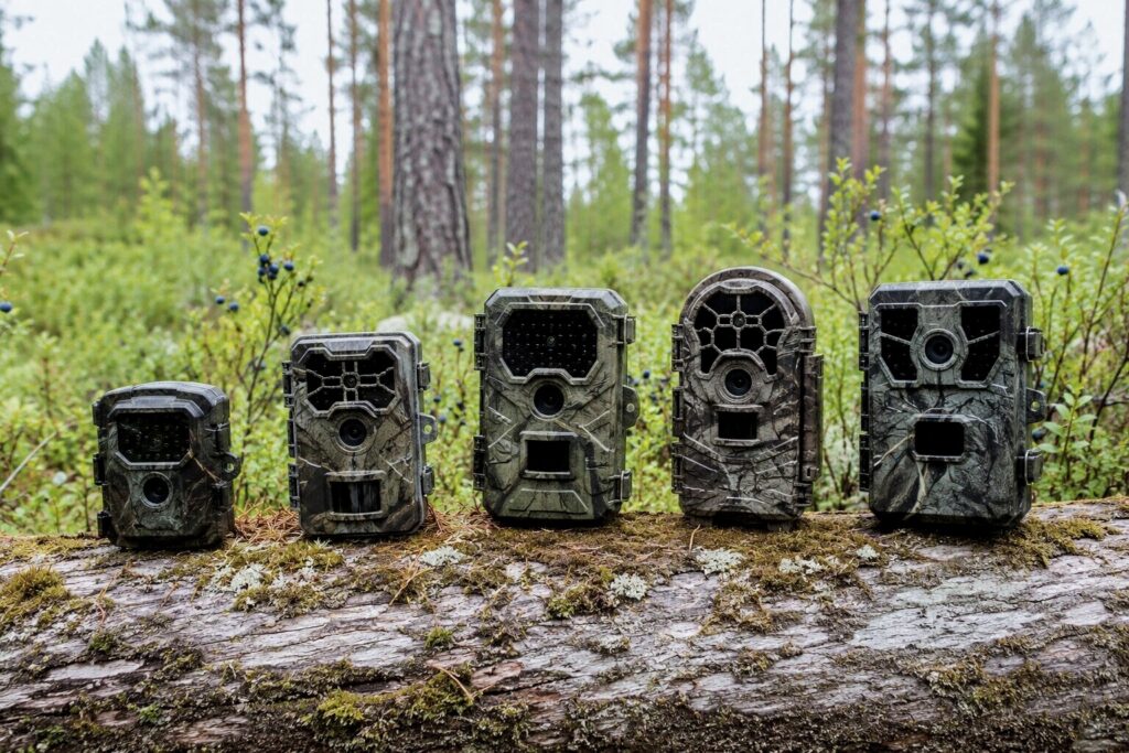 Viisi riistakameraa vierekkäin kaatuneella puunrungolla metsässä