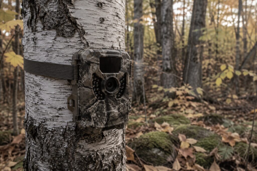 Riistakamera puunrungossa syksyisessä metsässä