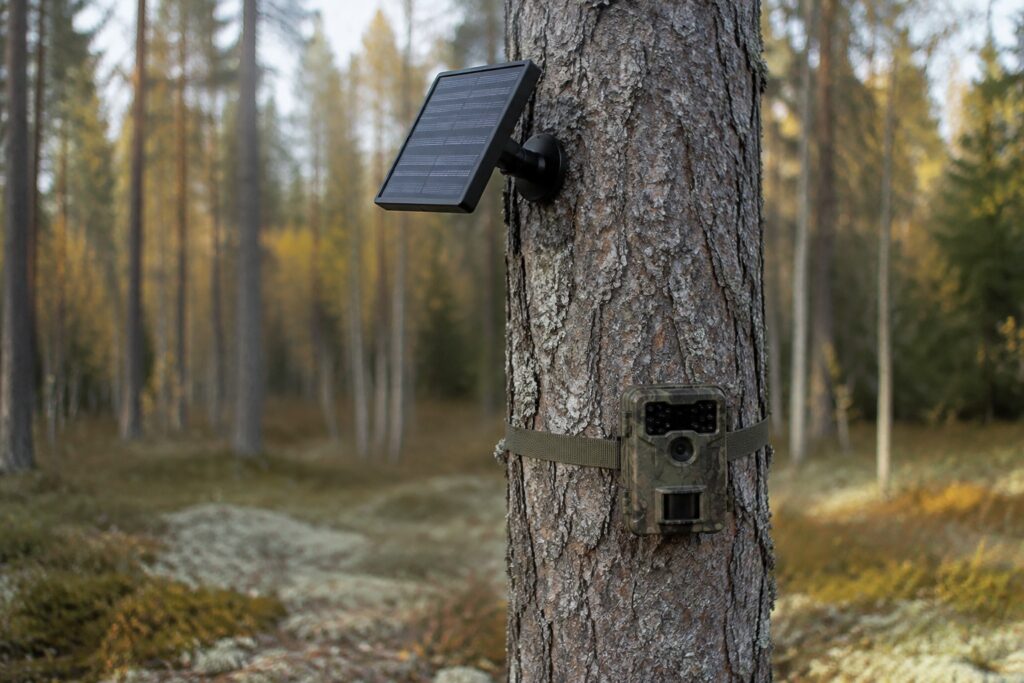 Pieni aurinkopaneeli kiinnitettynä puunrunkoon riistakameran yläpuolelle, aamuinen syysmetsä