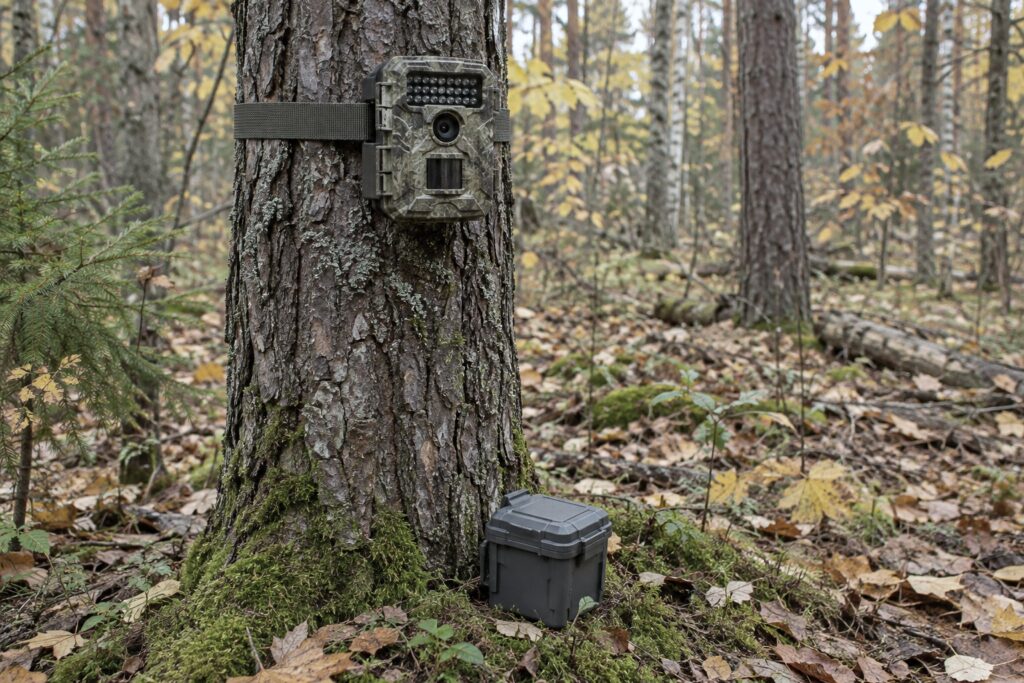 Riistakamera kiinnitettynä hihnalla puunrunkoon, alla maassa säänkestävä akkukotelo, syysmetsä