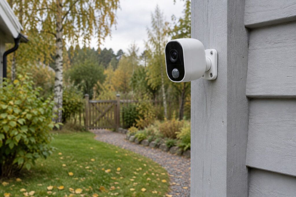 Valkoinen akkukäyttöinen valvontakamera seinäkiinnikkeessä talon vaaleanharmaan puuseinän nurkassa, objektiivin alla pyöreä liiketunnistimen ikkuna; taustalla syksyinen puutarha, sorapolku ja puuportti