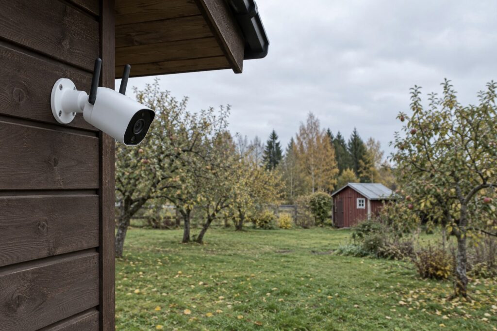 Valkoinen, antenneilla varustettu WiFi-valvontakamera seinäkiinnikkeessä puutalon nurkassa räystään alla, taustalla syksyinen omenatarha ja punainen puutarhamaja